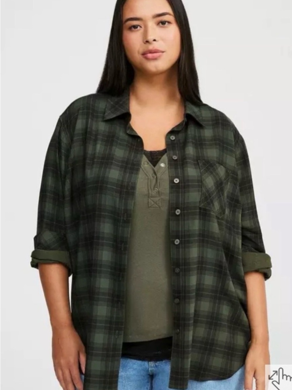 torrid Dark Green Plaid Button-Up Shirt Lightweight